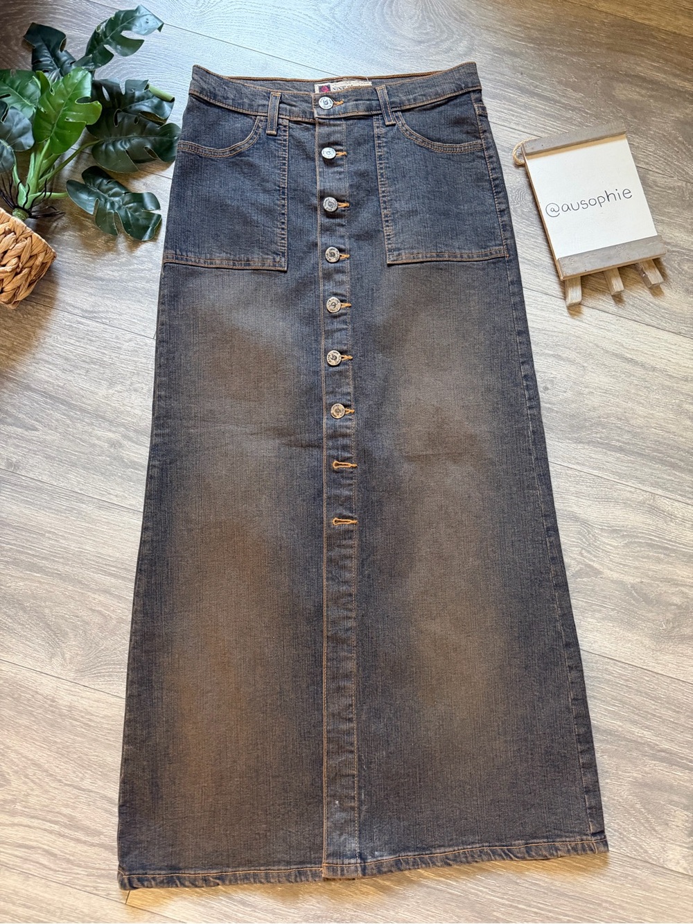 Vintage 90s Nine Planet Button Front Denim Brown Wash Fade Maxi Skirt. Size 7